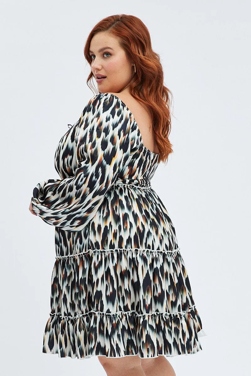 Multi Animal Print Mini Dress Gather Front Abstract Leopard Satin Figure Pop