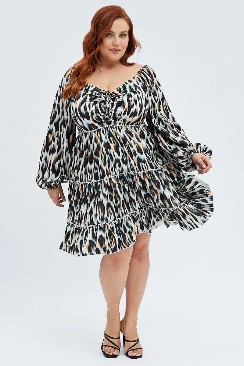 Multi Animal Print Mini Dress Gather Front Abstract Leopard Satin All Day Comfort Comfortable party wear