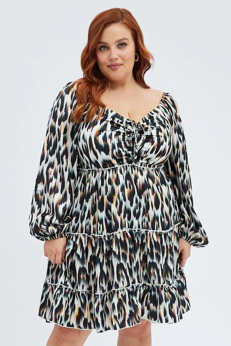 Multi Animal Print Mini Dress Gather Front Abstract Leopard Satin Night Out Effortless Chic Wear