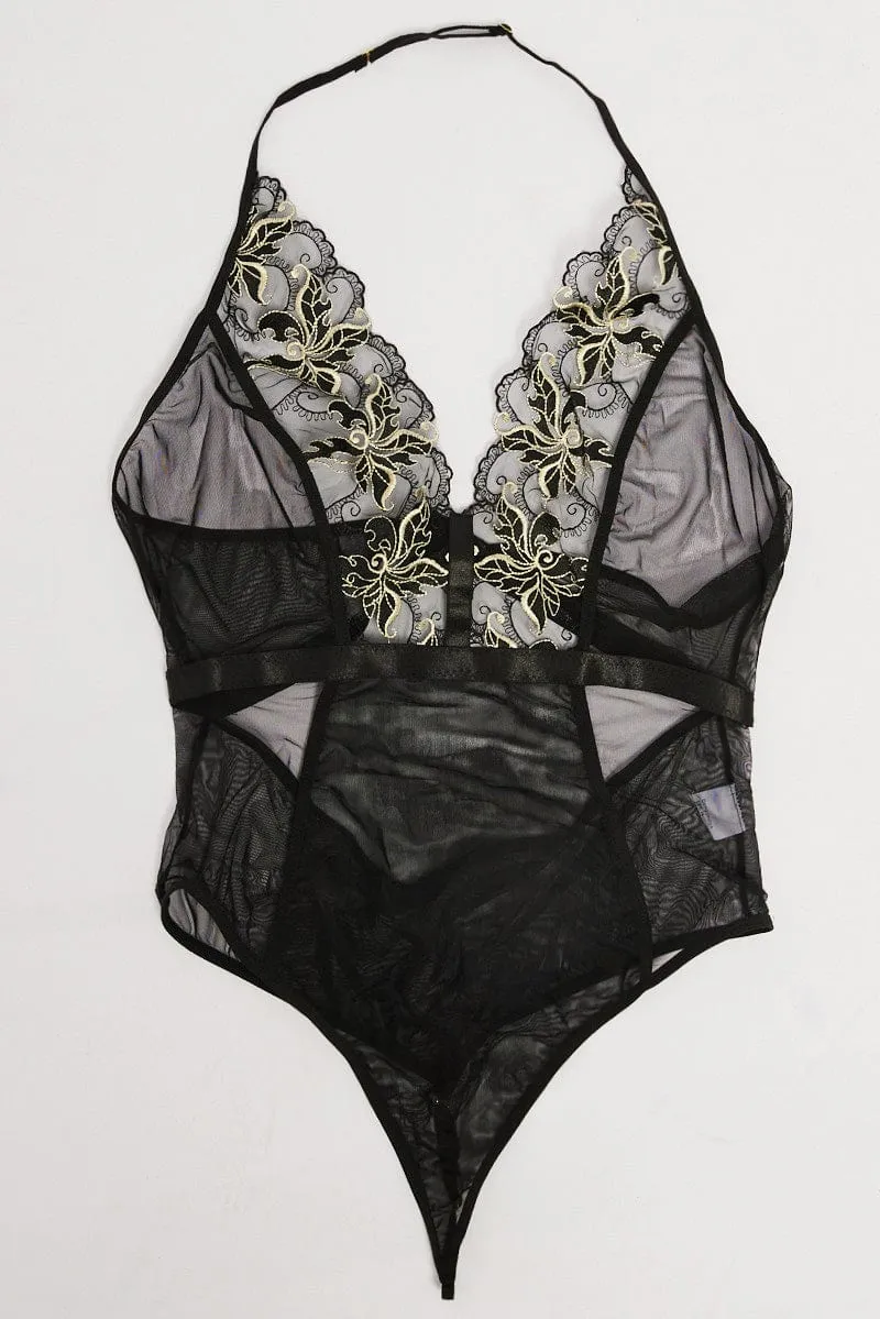 Black Embroidery Mesh Bodysuit Lingerie Flatlock stitching
