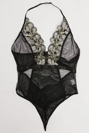 Black Embroidery Mesh Bodysuit Lingerie Flatlock stitching