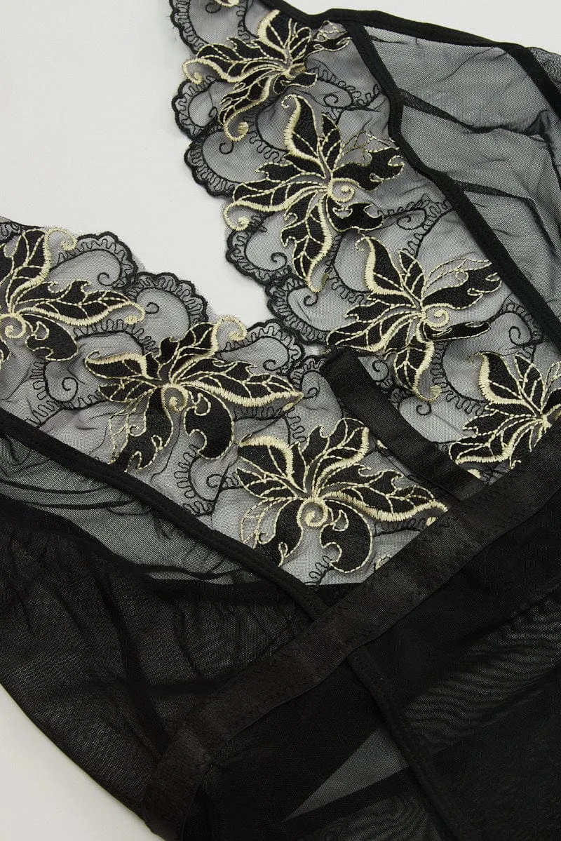 Black Embroidery Mesh Bodysuit Lingerie fashionable blazer