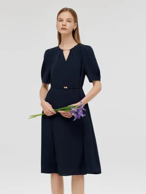 Triacetate Cut-Out Neck Women Midi Dress With Belt Sand Step Day-To-Night Wear