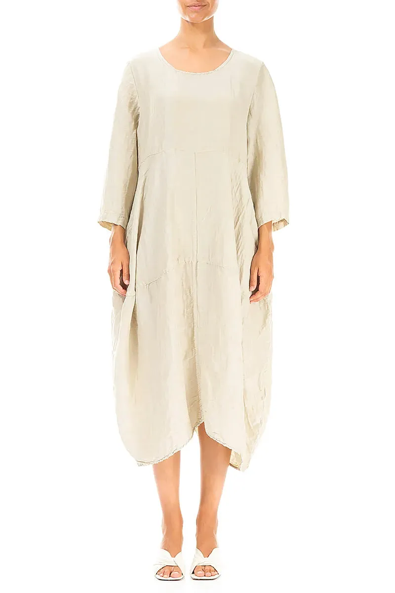 Modern Look Balloon Textured Laurel Green Silk Linen Dress