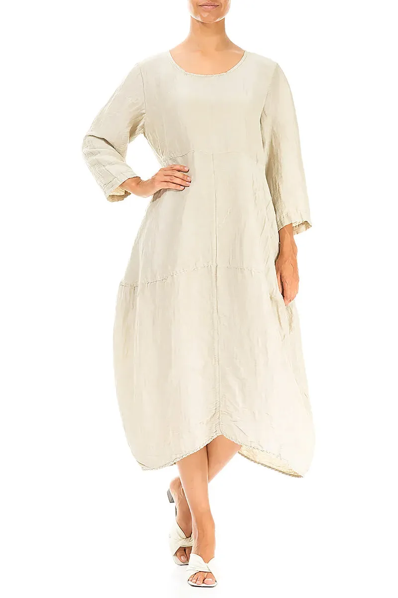 Balloon Textured Laurel Green Silk Linen Dress Sporty Dress