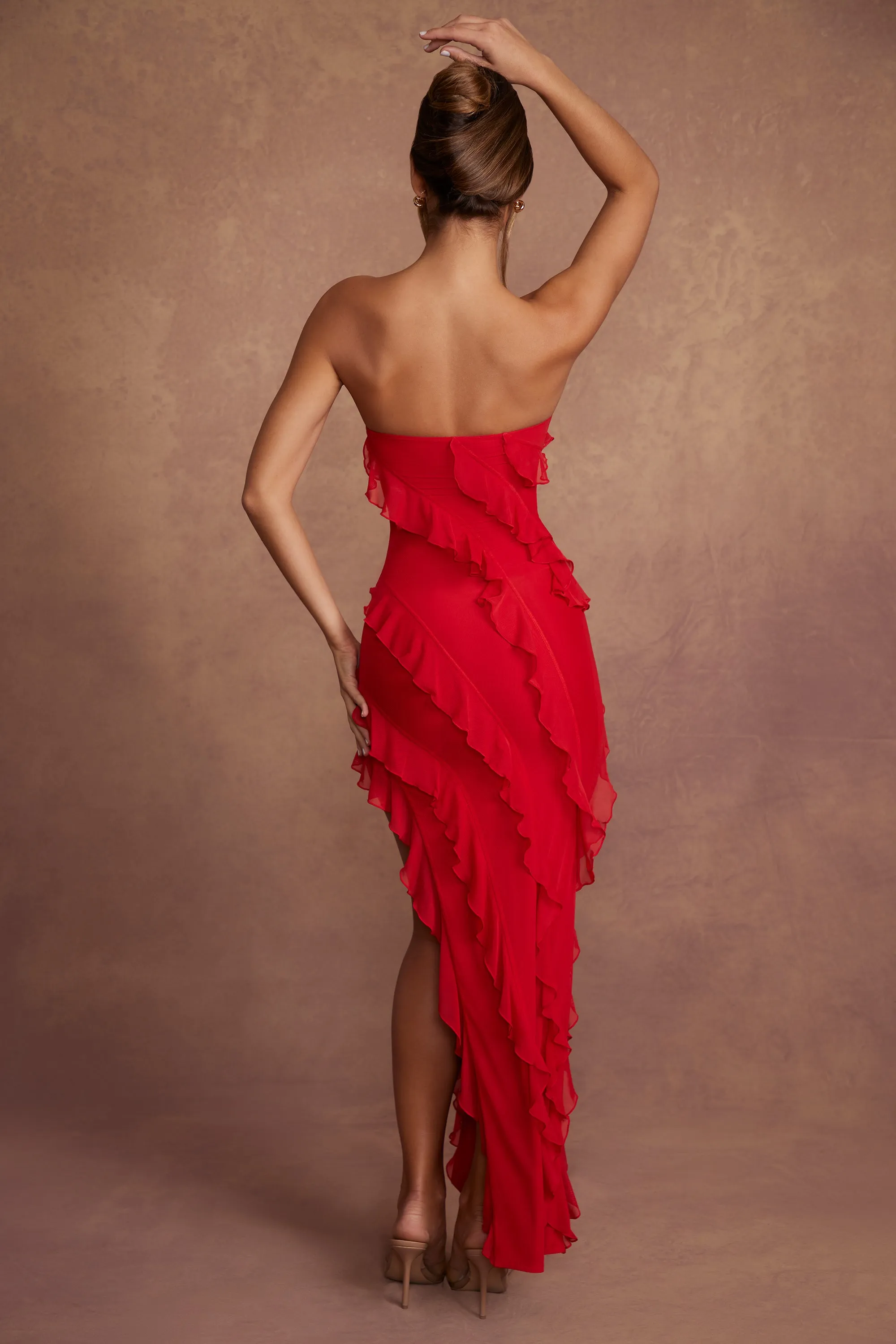 Bandeau Ruffle Detail Maxi Dress in Red Square View