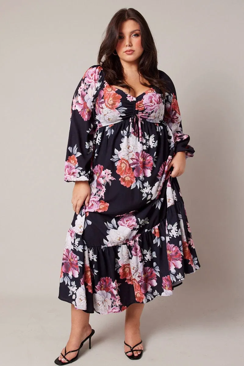 Black Floral Midi Dress Long Sleeve Ruched Bust Wardrobe Staple Flattering Silhouettes