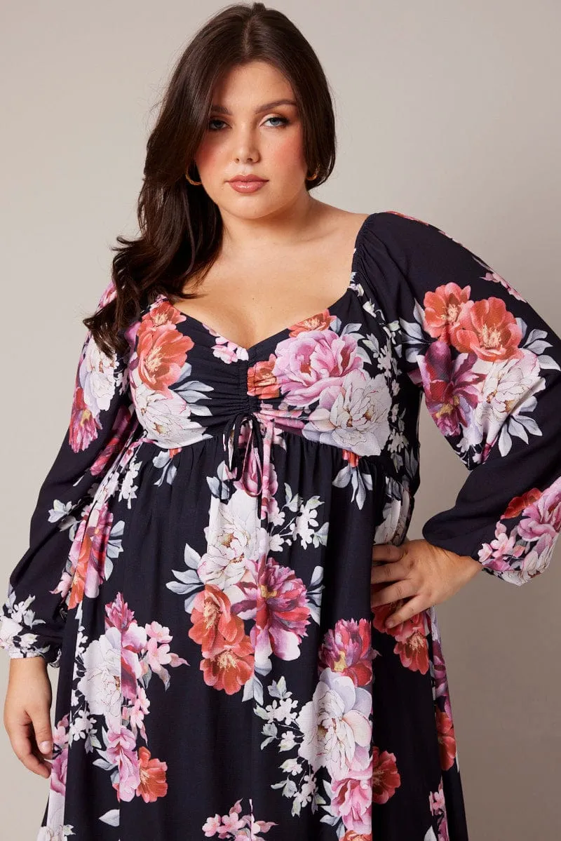 Black Floral Midi Dress Long Sleeve Ruched Bust Soft and breathable dress Classic Design