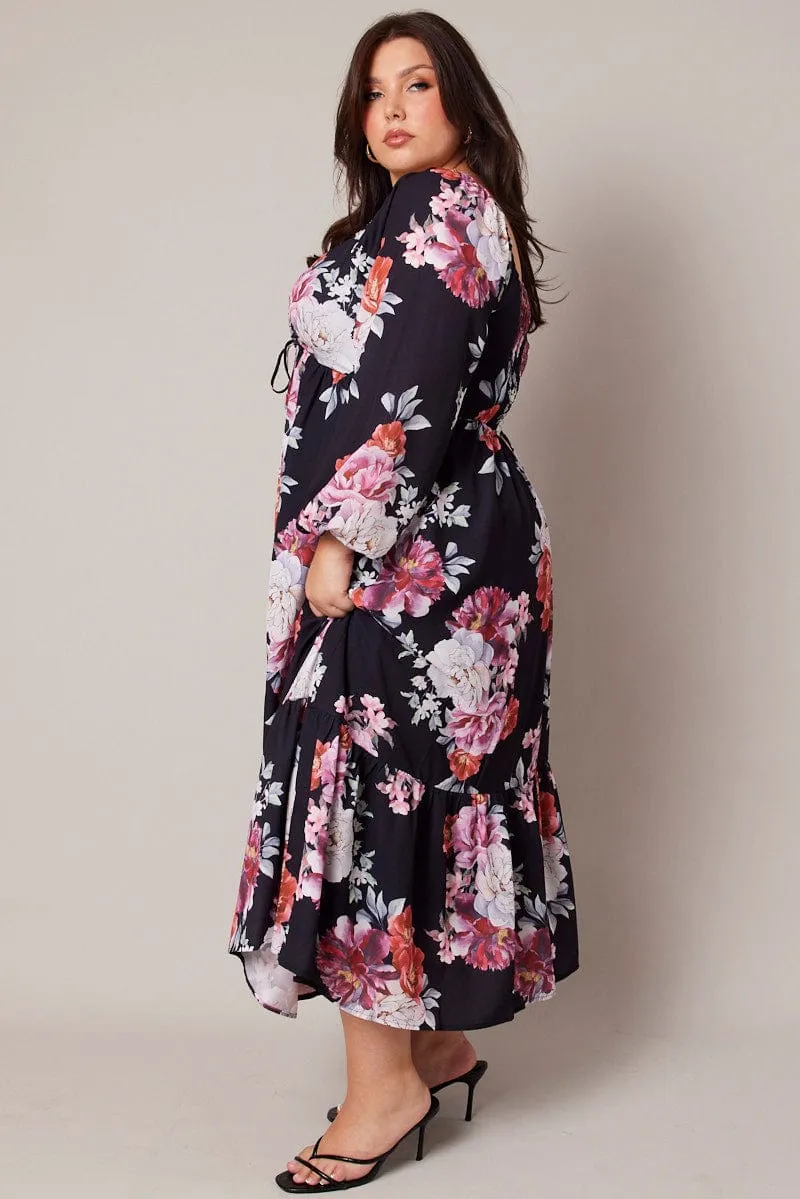 City Sleek Black Floral Midi Dress Long Sleeve Ruched Bust