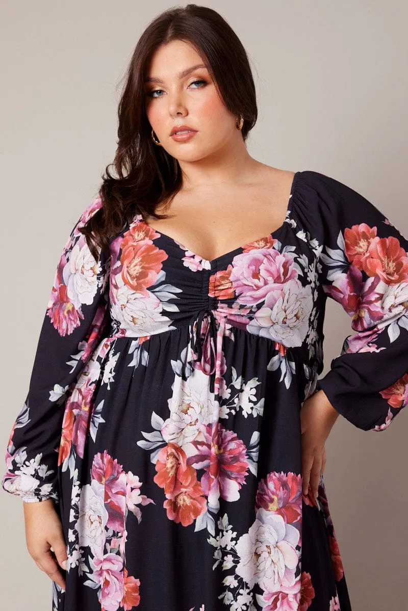 Black Floral Midi Dress Long Sleeve Ruched Bust Relaxed fit knee-length piece