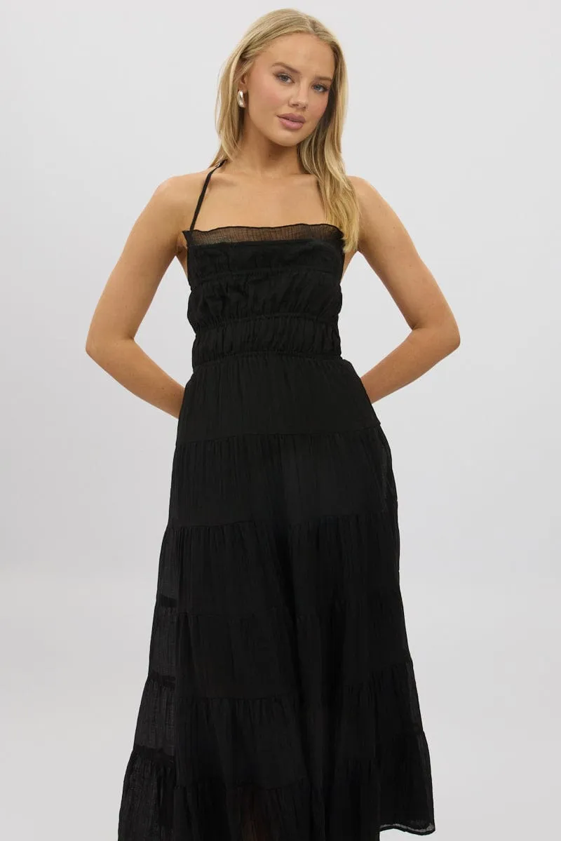 Black Maxi Dress Tiered Backless Day Warm
