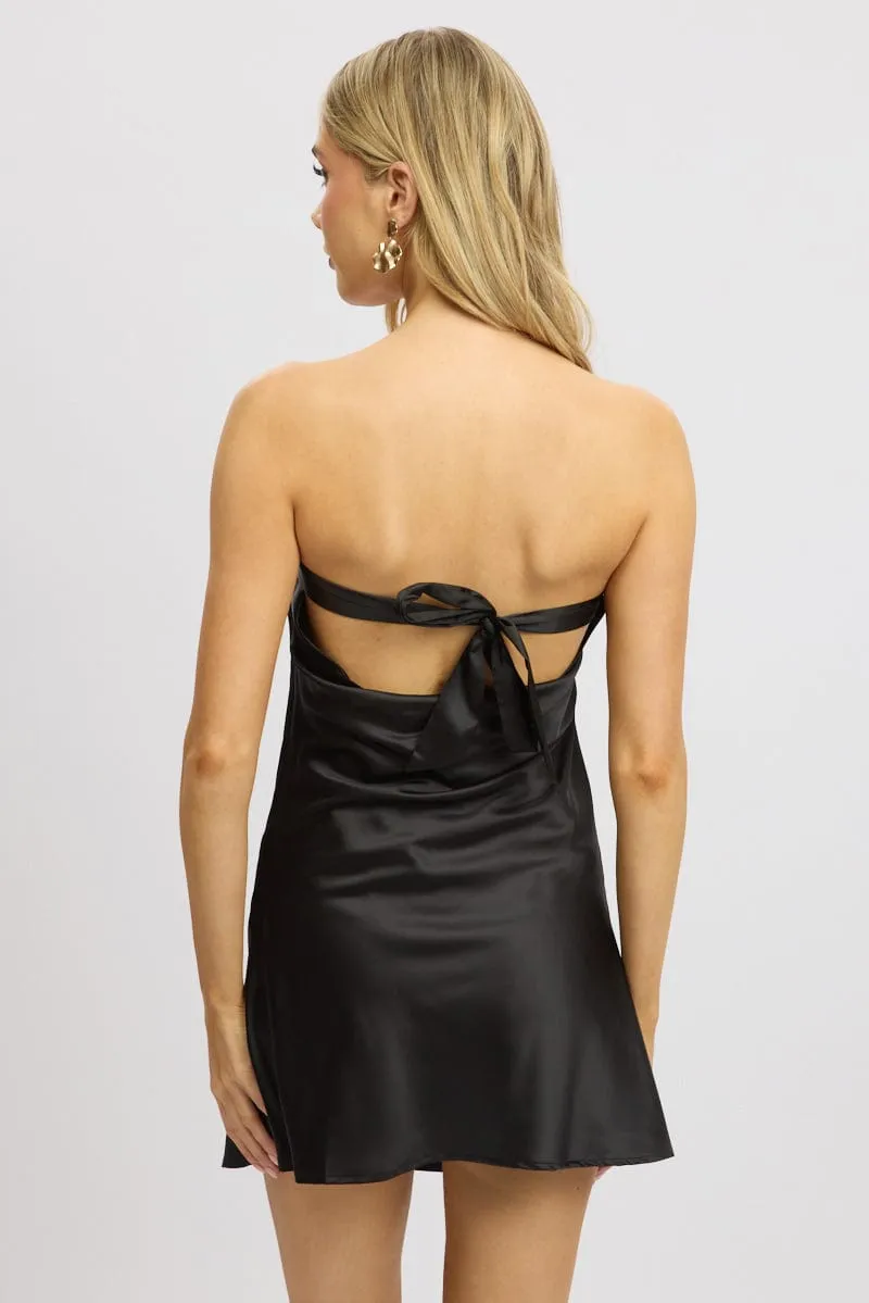 Black Strapless Dress Back Tie Satin Mini Modern Outfit