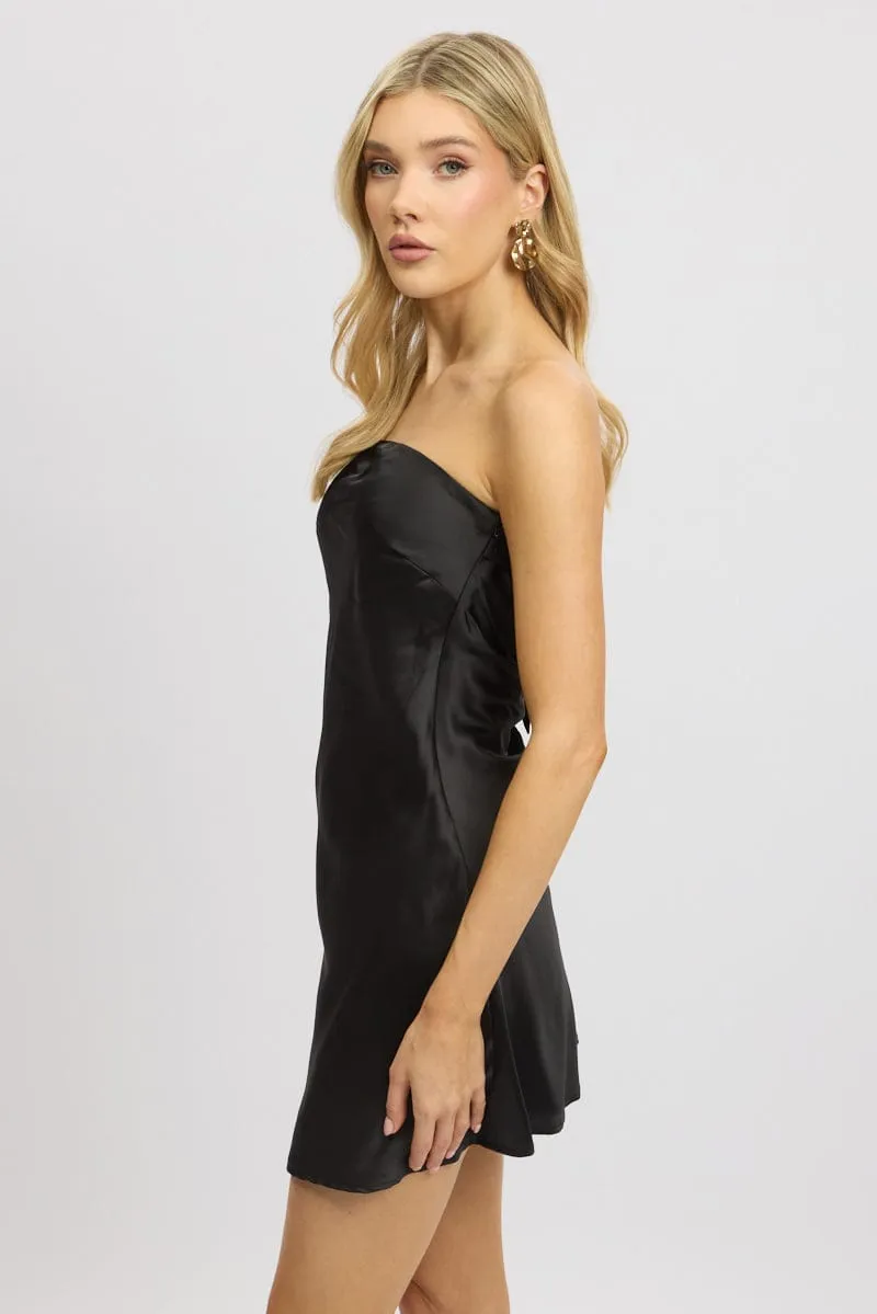 retro look Lightweight Composite Black Strapless Dress Back Tie Satin Mini