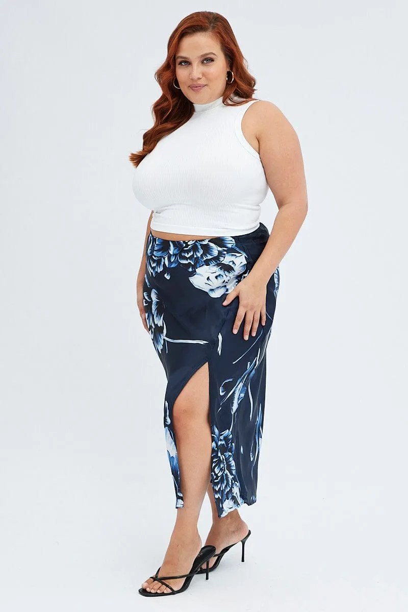 Blue Abstract Midi Skirt Split Satin Floral Relax Outfit