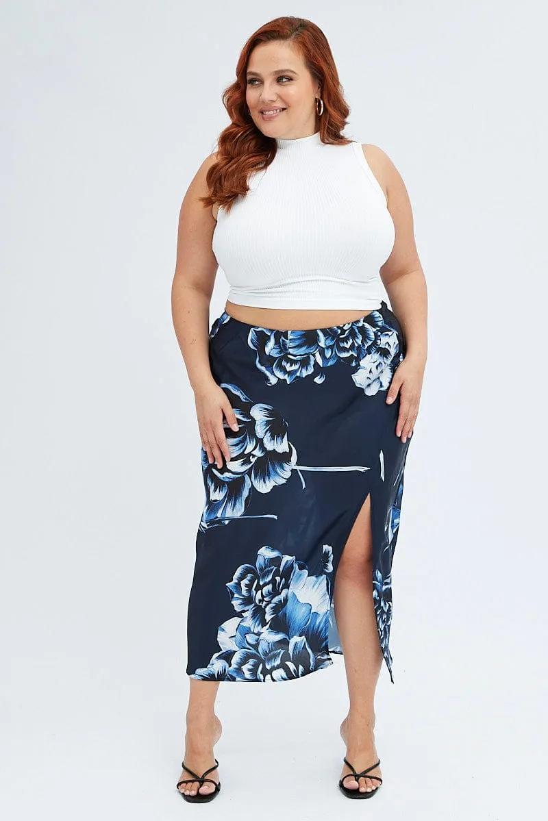 Seamless construction Thermoregulating Fabric Blue Abstract Midi Skirt Split Satin Floral