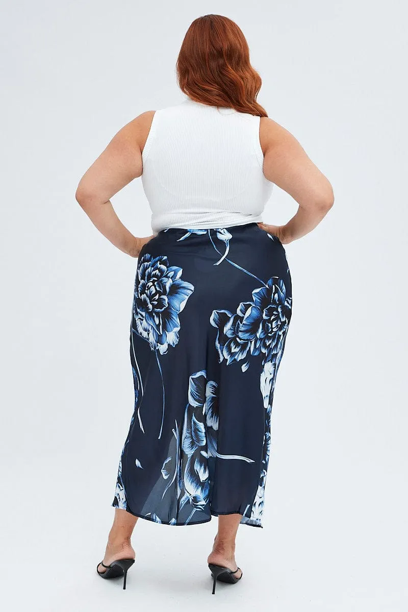 Laser cut Twist Knot Details Blue Abstract Midi Skirt Split Satin Floral