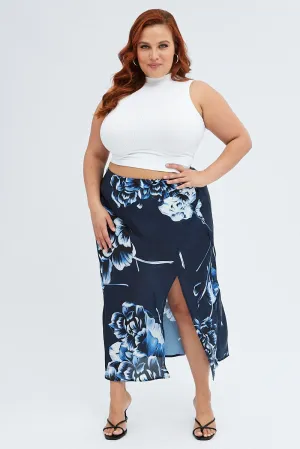 Tie Dye Style Neat Look Blue Abstract Midi Skirt Split Satin Floral