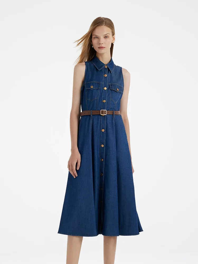 Denim Lapel Women Midi Vest Dress With Belt Opal Glow
