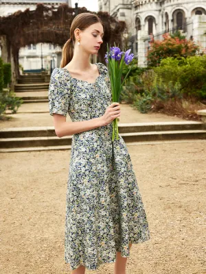 Frost Light Elegant Layers Floral Print Square Neck Women Midi Dress