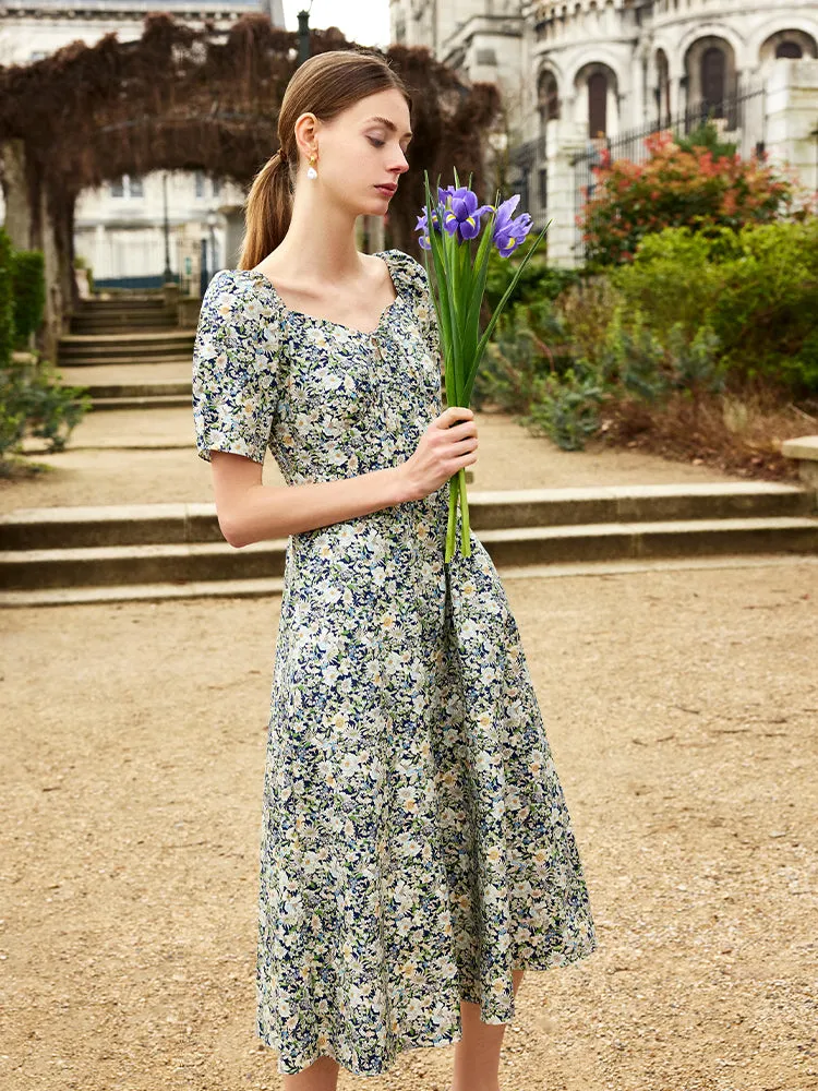 Nordic Edge Velvet Smooth Floral Print Square Neck Women Midi Dress