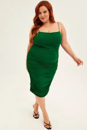 Green Midi Dress Mesh Ruched Side Shoestring Strap Serene Charm