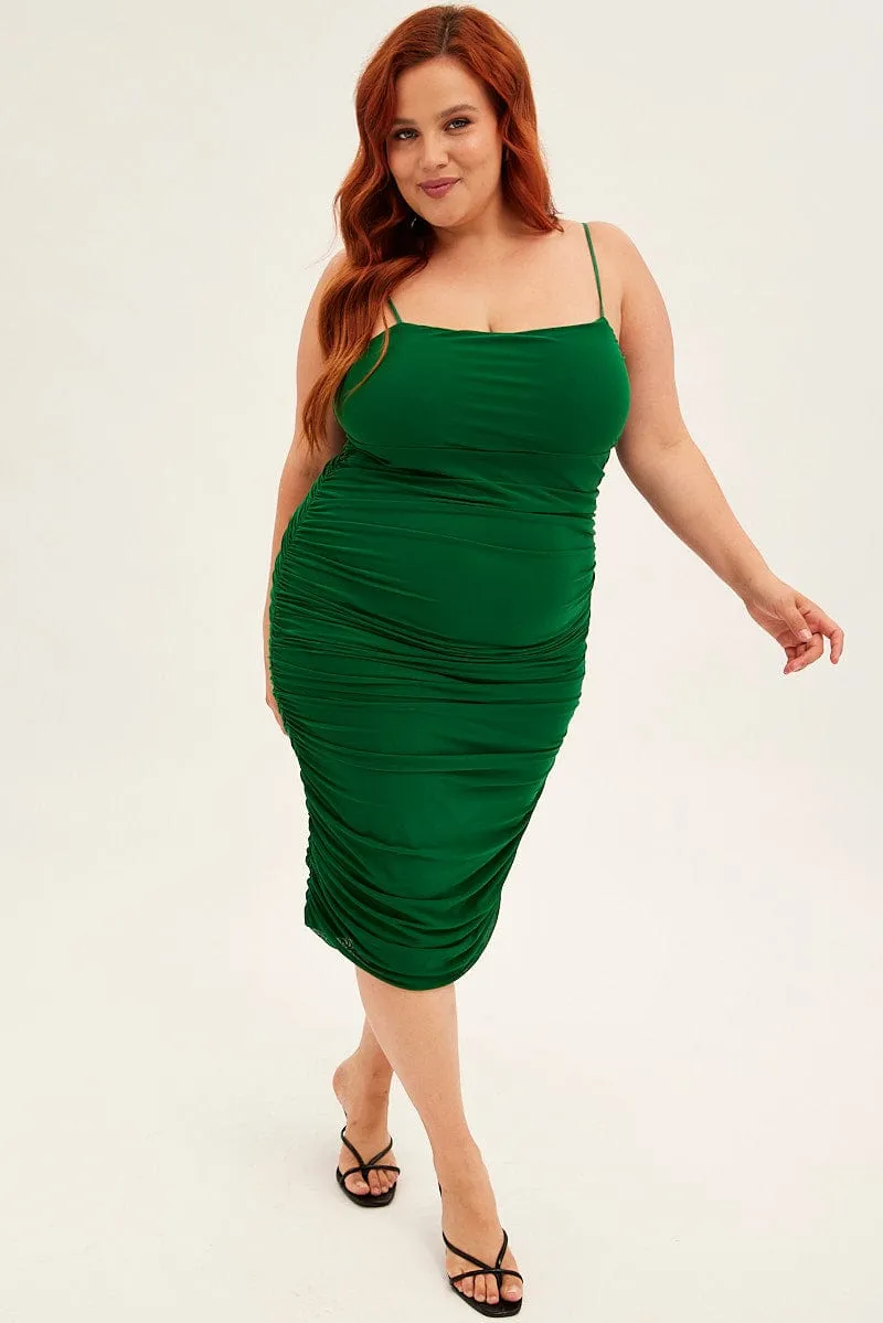 Green Midi Dress Mesh Ruched Side Shoestring Strap Serene Charm