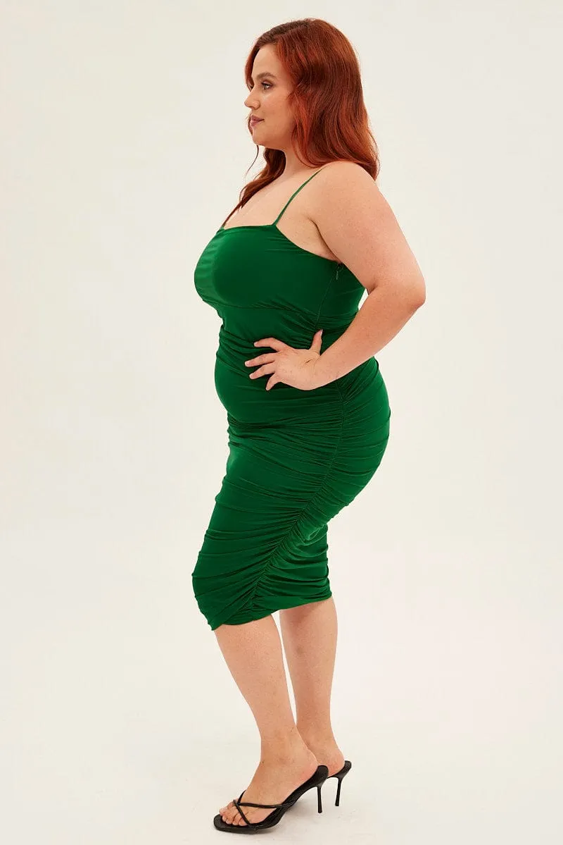 Road Trip Fashionable appearance Green Midi Dress Mesh Ruched Side Shoestring Strap