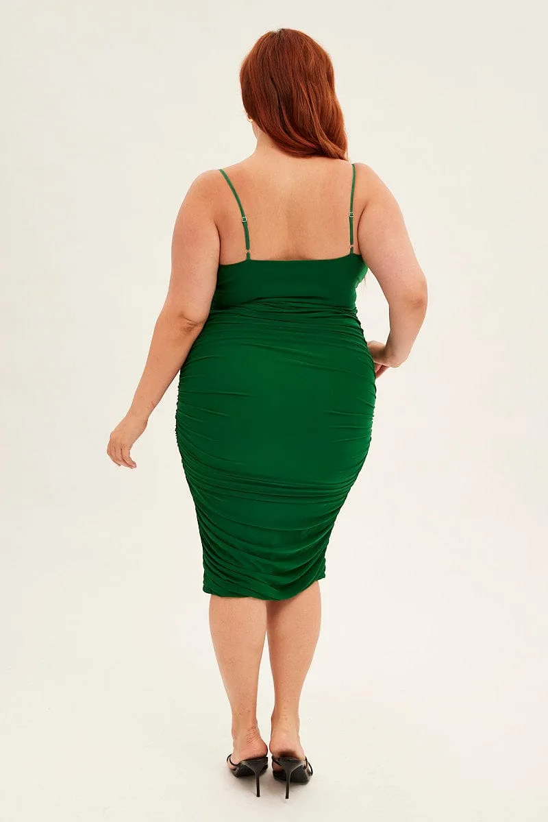 Elegant Mom Green Midi Dress Mesh Ruched Side Shoestring Strap
