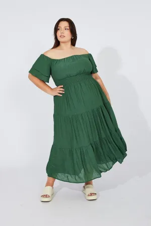Field Glow Elegant Silhouette Green Off Shoulder Layer Midi Dress