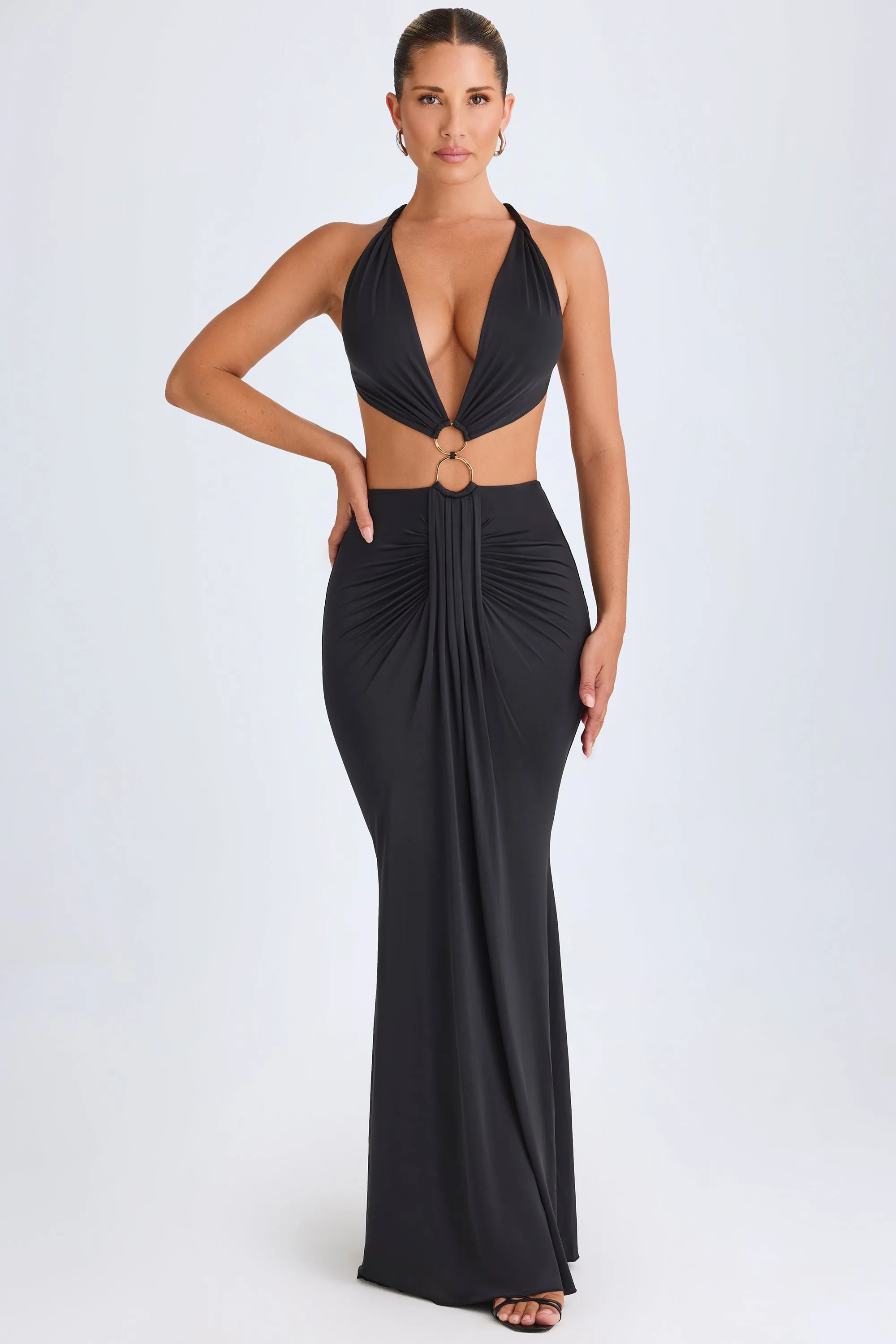 Hand Stitch Hardware Detail Cut-Out Halterneck Maxi Dress in Black
