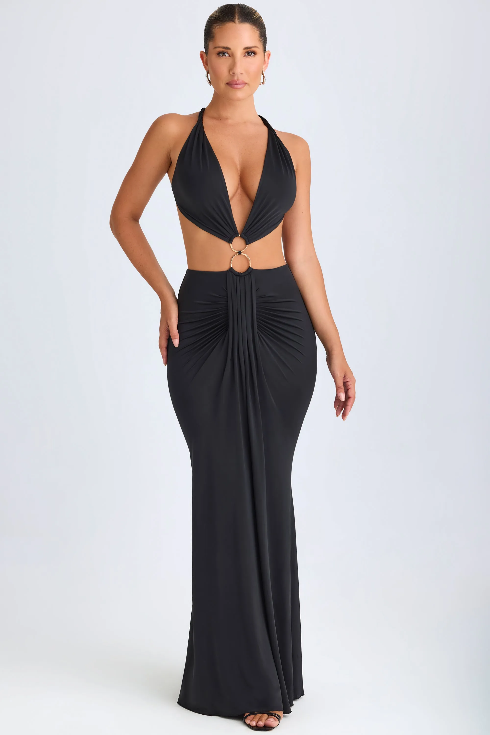 Coral Bay Calm Air Hardware Detail Cut-Out Halterneck Maxi Dress in Black