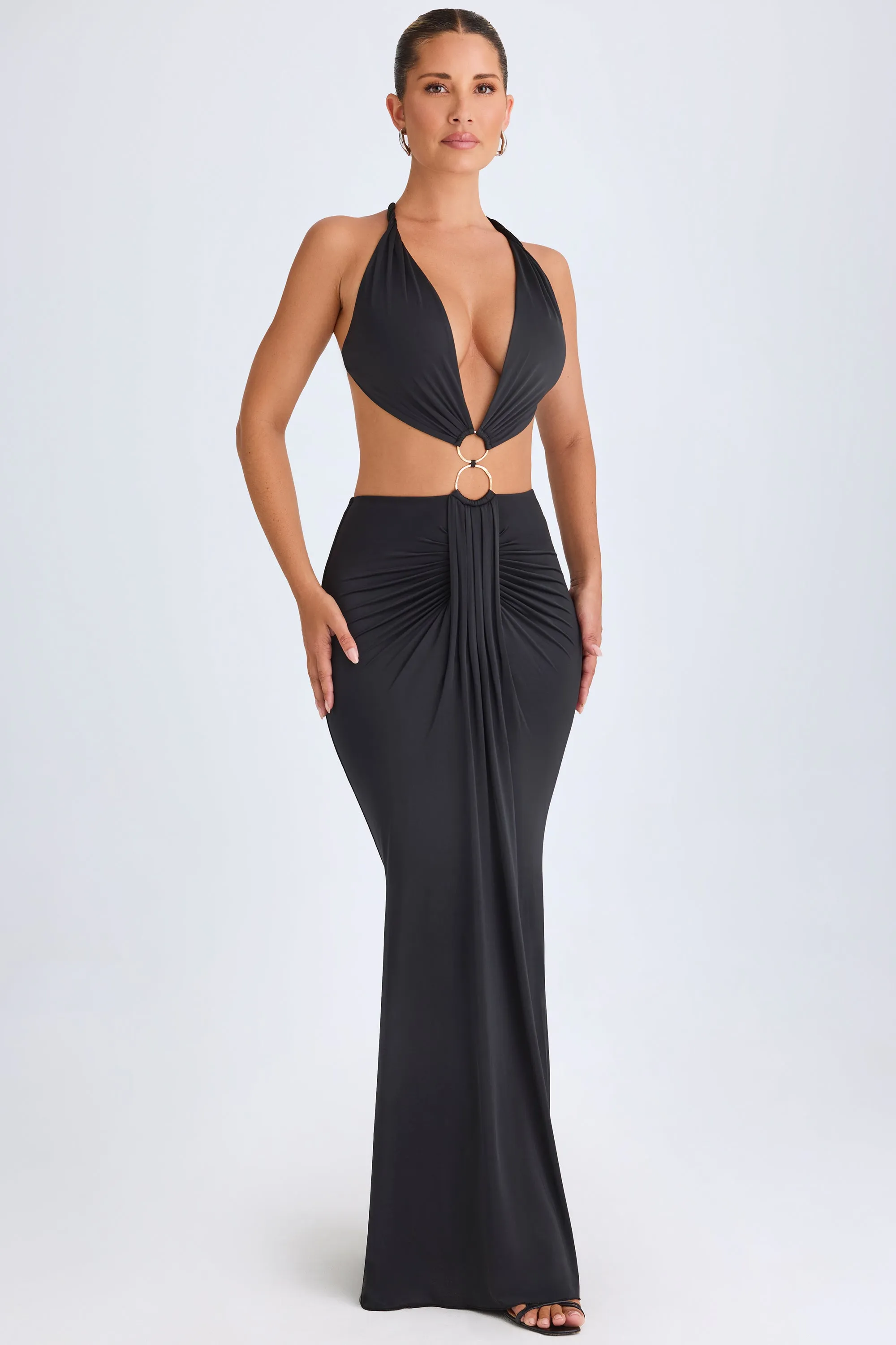 Ethnic Vibe Timeless Glow Hardware Detail Cut-Out Halterneck Maxi Dress in Black