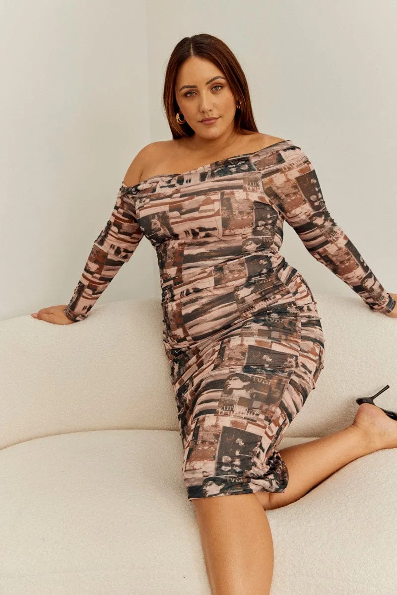 Soft Flow Toast Time Multi Abstract Midi Dress Bodycon Mesh Off Shoulder
