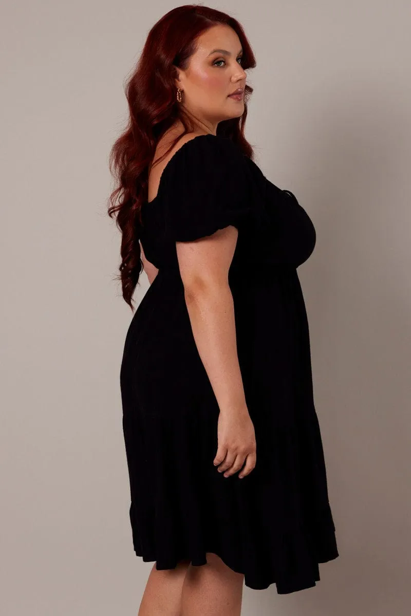 Edge Hot Beat Star Black Mini Dress Linen Blend Puff Sleeve Sweetheart Neck