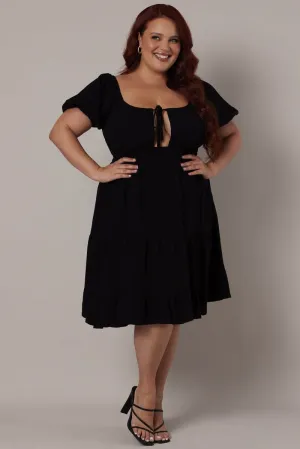 Black Mini Dress Linen Blend Puff Sleeve Sweetheart Neck Minimal Look