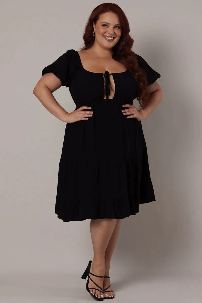 Black Mini Dress Linen Blend Puff Sleeve Sweetheart Neck Minimal Look