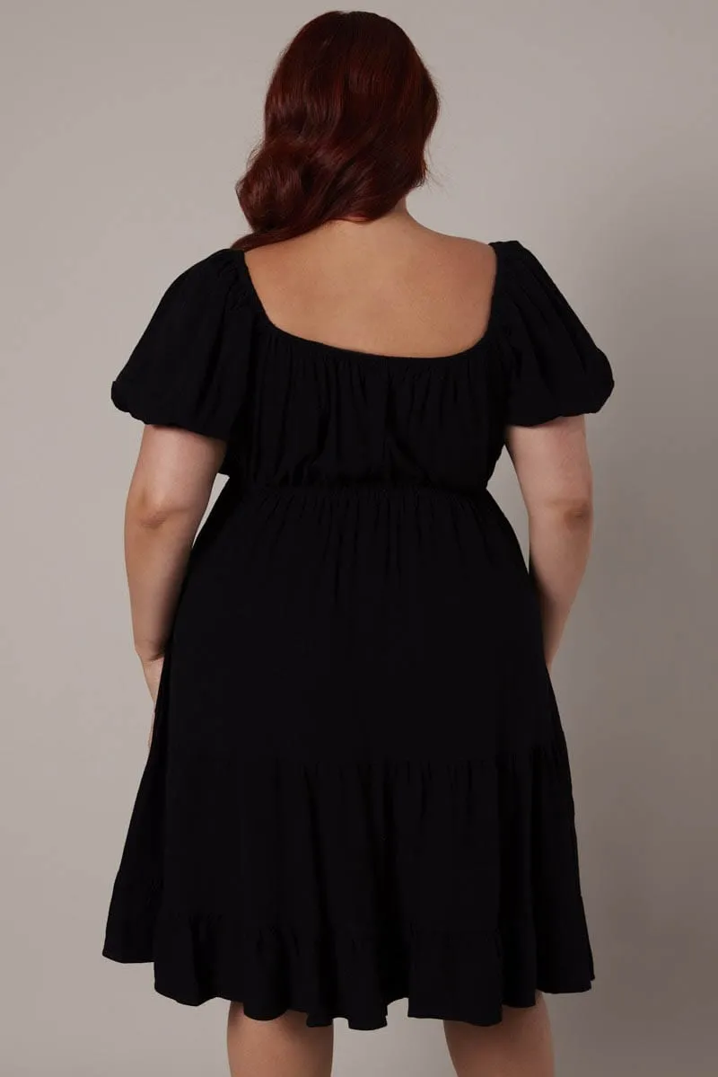 Durable Zipper Black Mini Dress Linen Blend Puff Sleeve Sweetheart Neck