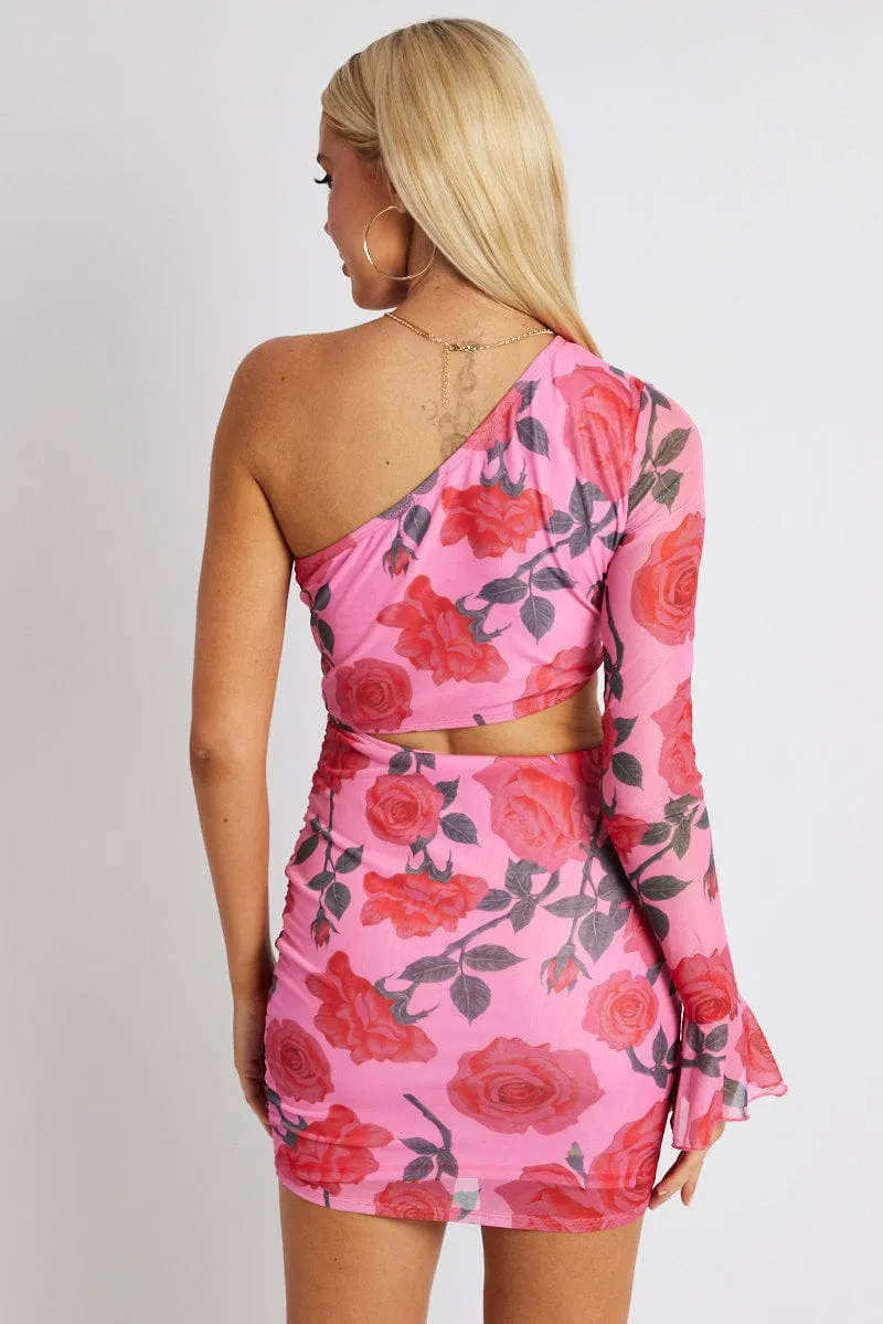 Anti Static Material Multi Floral Dress One Shoulder Ruffle Sleeve Mini Dress
