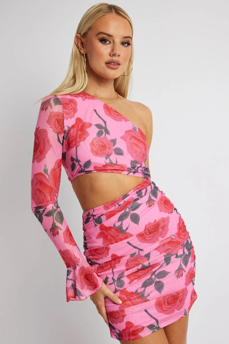Light Reflective Moisture Wicking Lining Multi Floral Dress One Shoulder Ruffle Sleeve Mini Dress