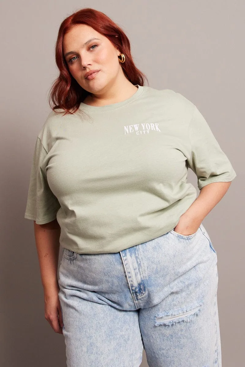 Green Graphic Tee Short Sleeve Relaxed Crew Neck Basic Comfort