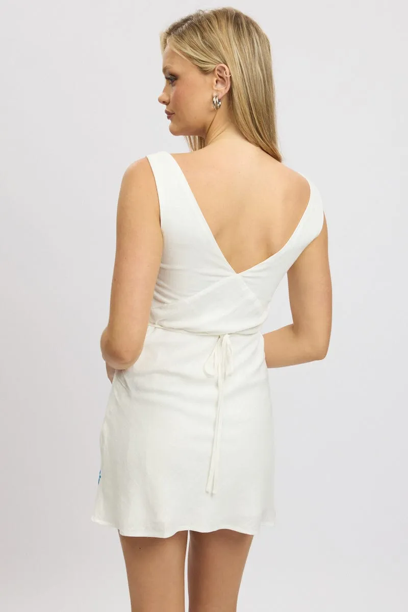 White Mini Dress V Neck Embroidery Heat Beat