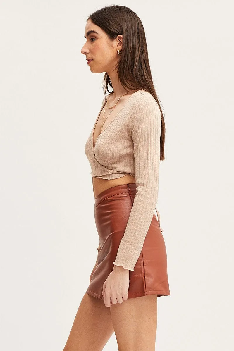 Beige Mini Skirt High Rise Faux Leather Quilted Texture Double Layer