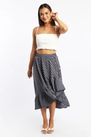 Urban Fit Fashion Style Blue Check Asymmetric Midi Skirt High Rise Elastic Waist