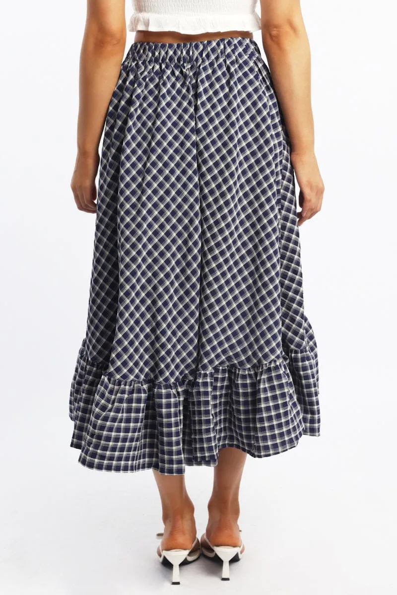 Bold Accent Blue Check Asymmetric Midi Skirt High Rise Elastic Waist