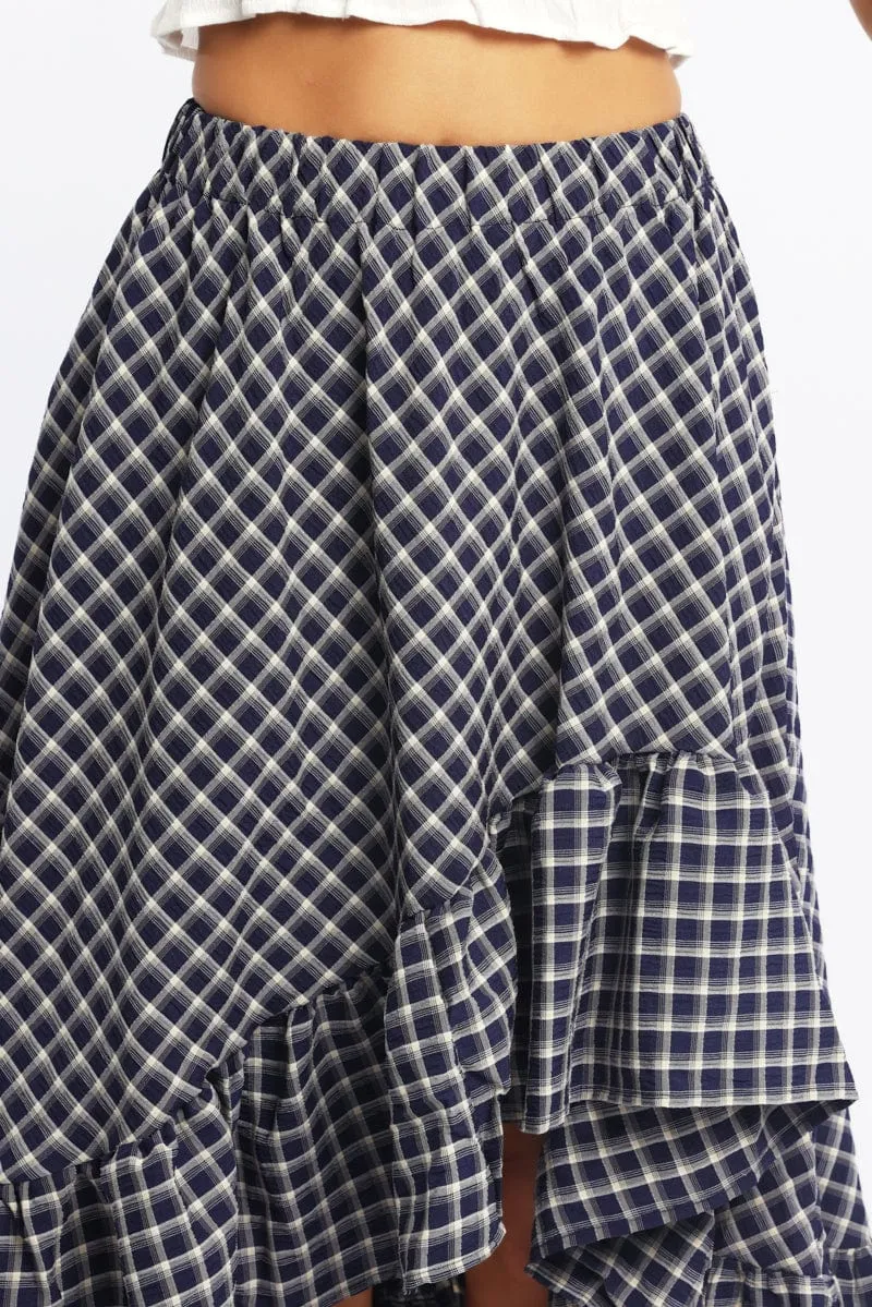 Celebrity Style Blue Check Asymmetric Midi Skirt High Rise Elastic Waist