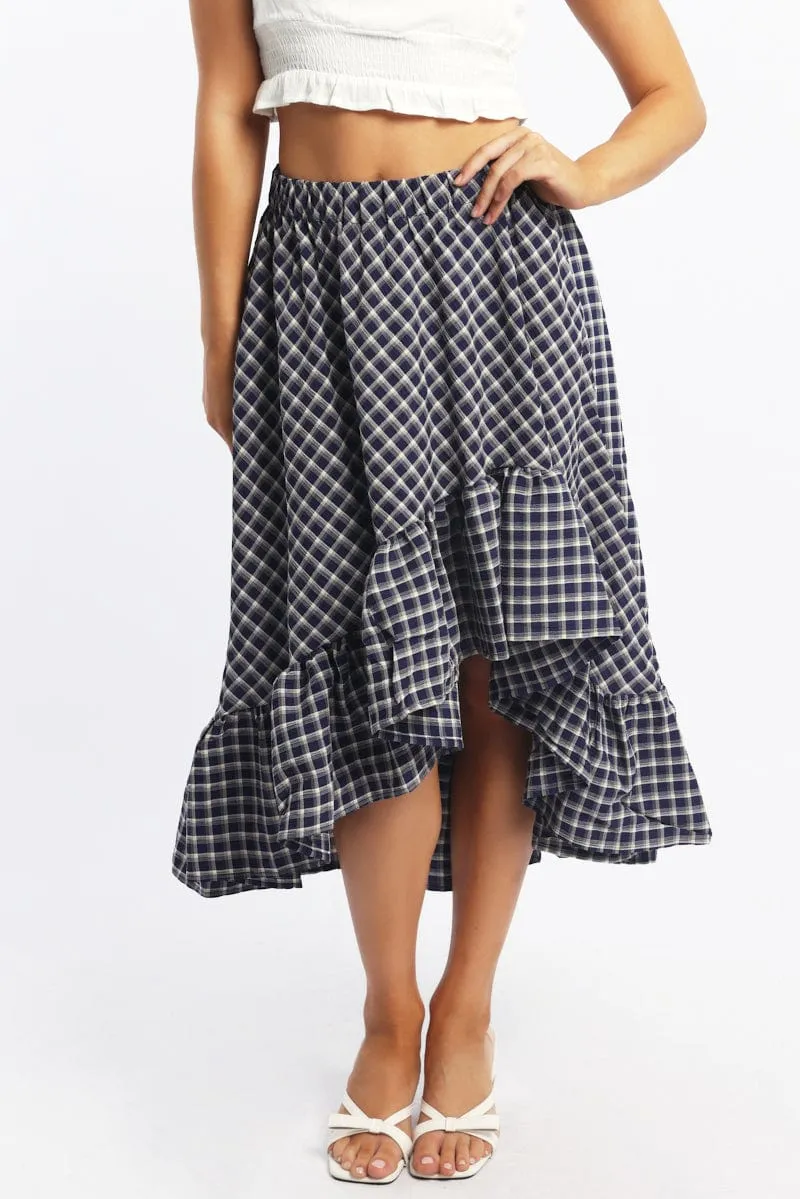 Fold Over Detail Blue Check Asymmetric Midi Skirt High Rise Elastic Waist