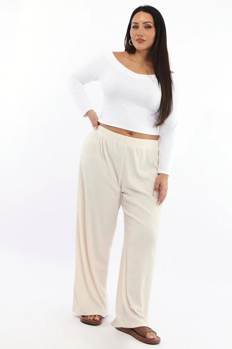 No Fuss Beige Rib Jersey Wide Leg Lounge Pants