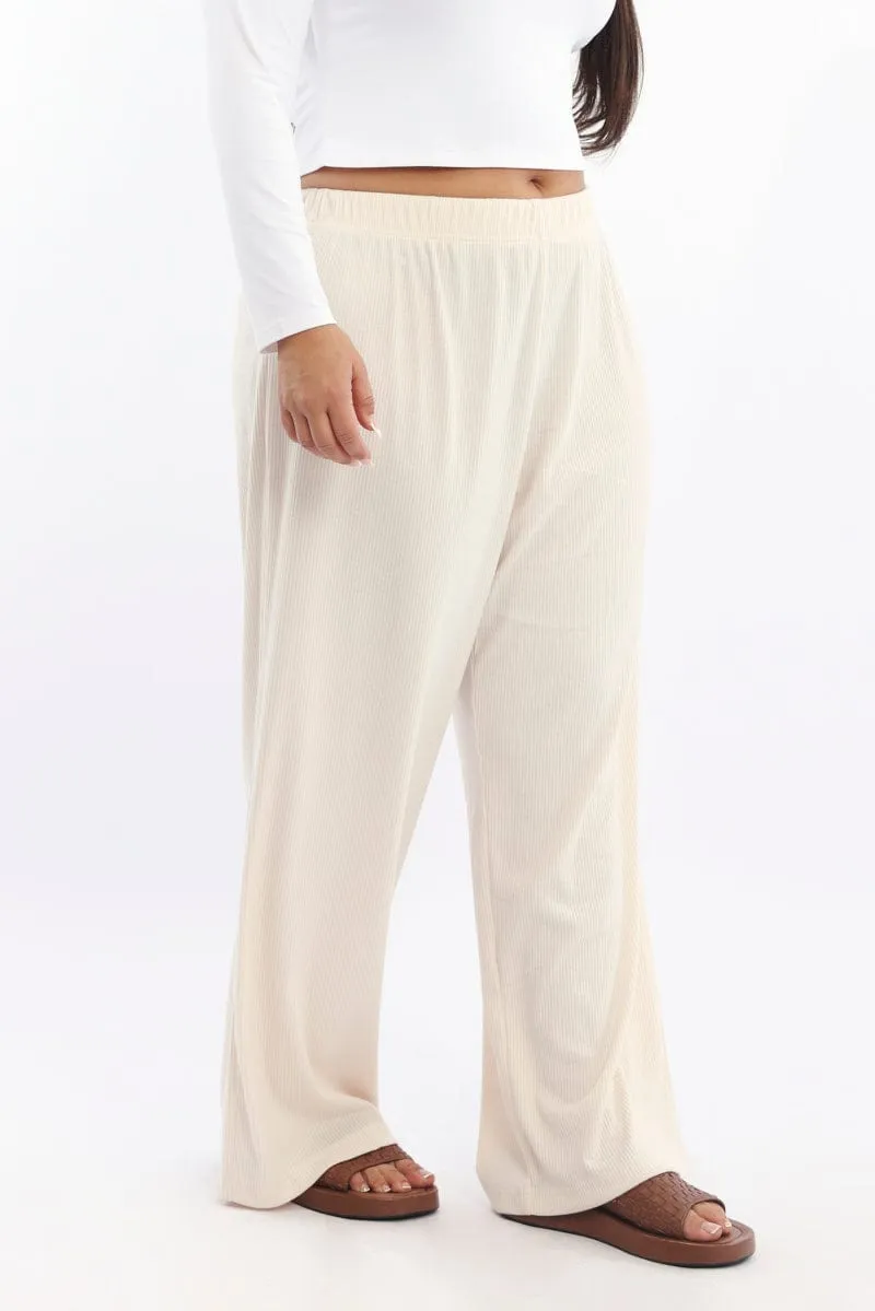 Organic Cotton Smart Comfort Beige Rib Jersey Wide Leg Lounge Pants