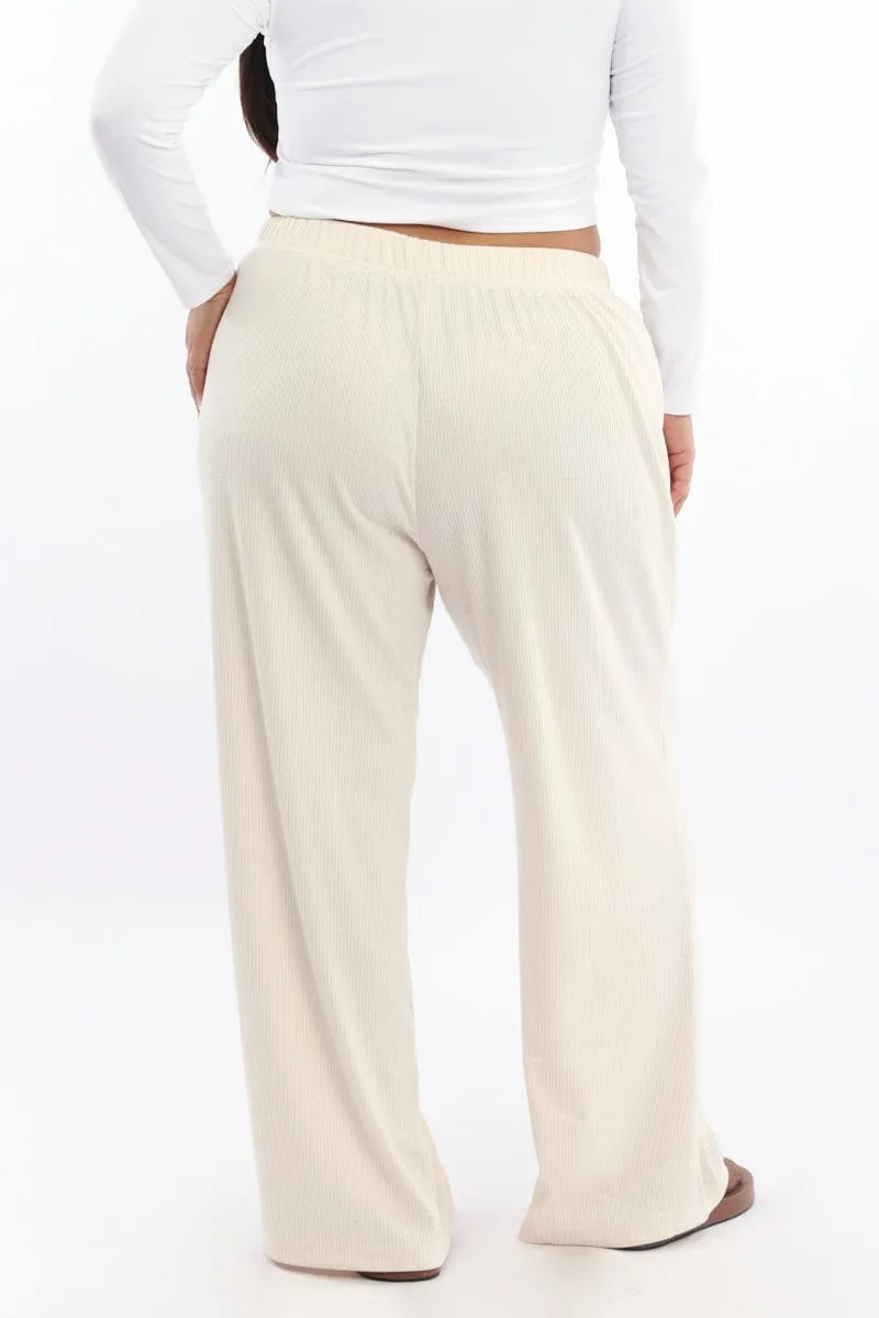 Tangle Free Cuffs Beige Rib Jersey Wide Leg Lounge Pants