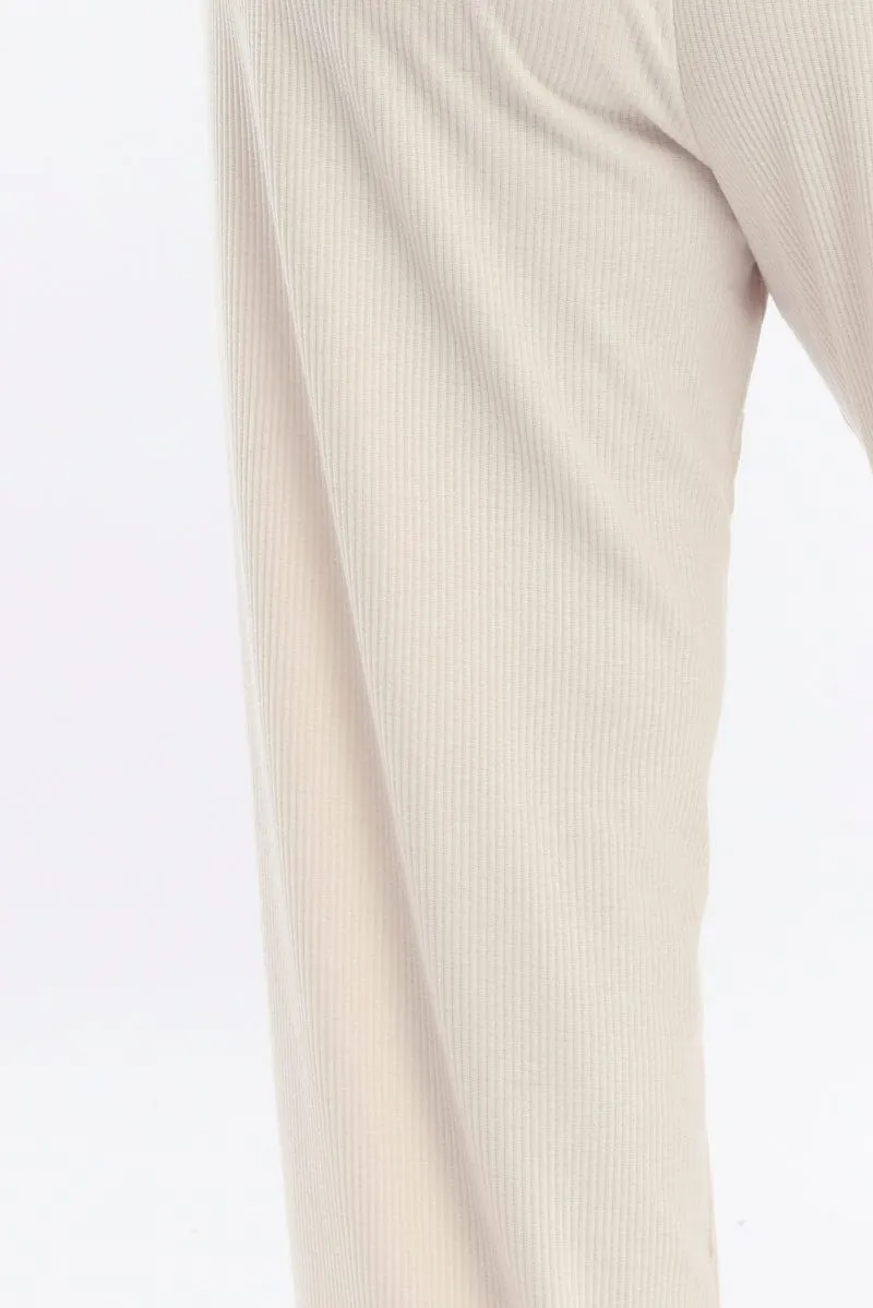Beige Rib Jersey Wide Leg Lounge Pants Rubberized grip